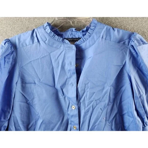 Tommy Hilfiger Puff-Sleeve Blouse Women's M Blue Ruffle Collar Button Closures - Picture 7 of 15